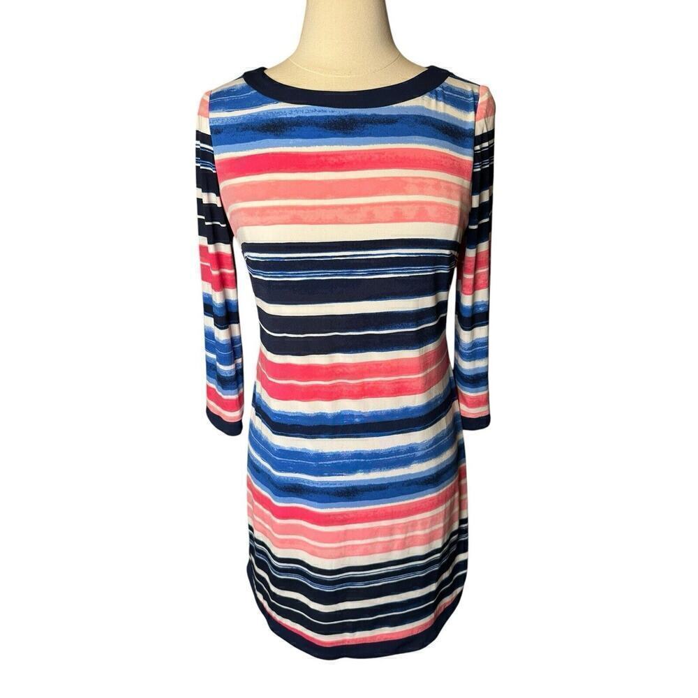 Vince Camuto Size 8 Navy Blue Pink White Watercolor Stripe Dress Back Zipper